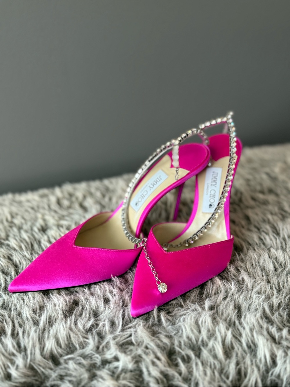 Jimmy Choo Fuchsia Satin Crystal Slingback Heels 39.5